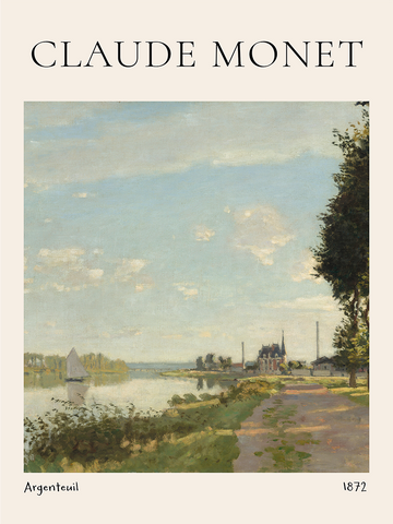 Landschaftsgemälde von Claude Monet mit einem Fluss, Segelboot und Bäumen, Text oben und unten.