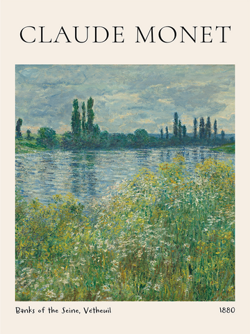 Impressionistisches Gemälde von Claude Monet mit einem Fluss und grüner Landschaft.
