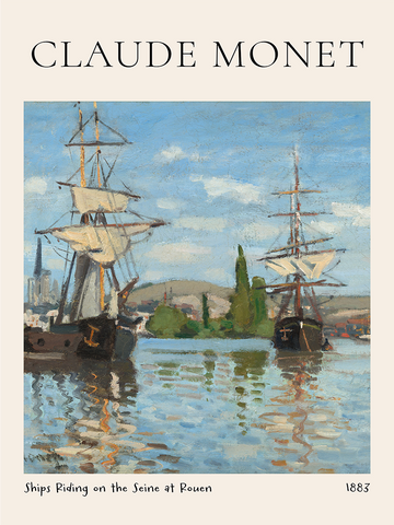 Gemälde von Claude Monet mit Schiffen auf der Seine in Rouen, Wolken und einem Kirchturm im Hintergrund.