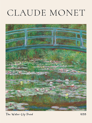 Poster von Claude Monets Gemälde "The Water-Lily Pond" mit einer grünen Brücke über einem Seerosenteich.