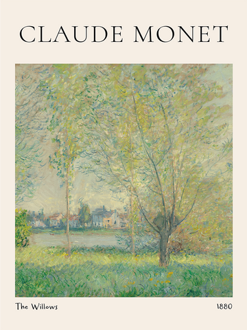 Kunstposter mit Bäumen und einem See, Titel "The Willows", Jahr 1880, von Claude Monet.