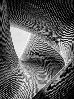 Monochromes Bild einer geschwungenen, abstrakten Architektur mit parallelen Linien.