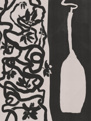 Abstrakte Darstellung einer Vase mit Blumen und Blättern in Schwarz und Beige.