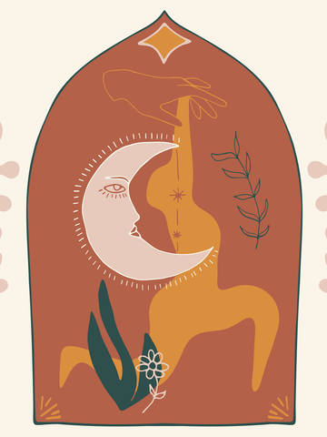 Grafische Illustration mit Mondsichel und gelbem Körper auf braunem Hintergrund.