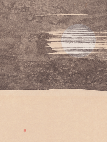 Illustration eines Mondes in einem dunklen Himmel über einer beigen Landschaft im Vintage-Stil.