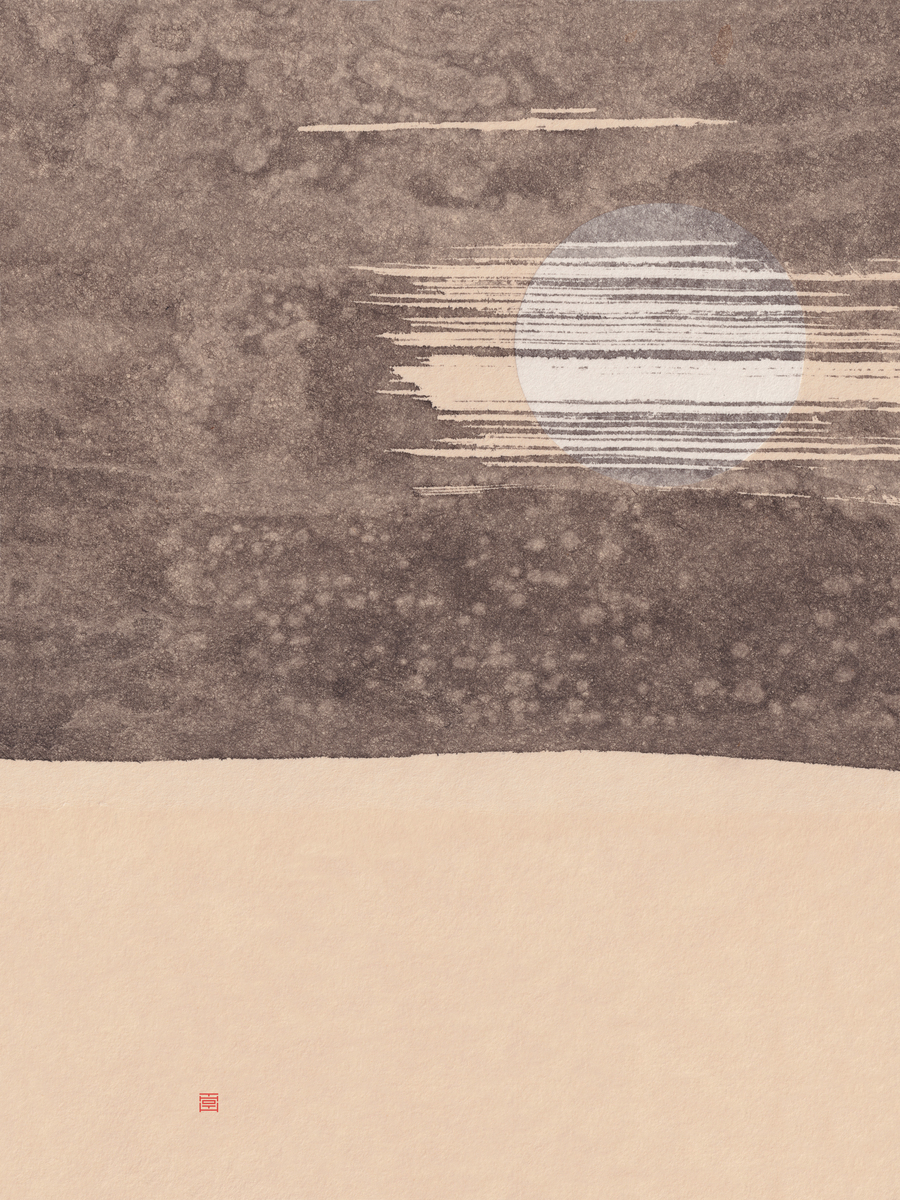 Illustration eines Mondes in einem dunklen Himmel über einer beigen Landschaft im Vintage-Stil.