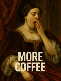 Eine Frau in einem roten Kleid gähnt, mit dem Text "More Coffee" in Weiß.