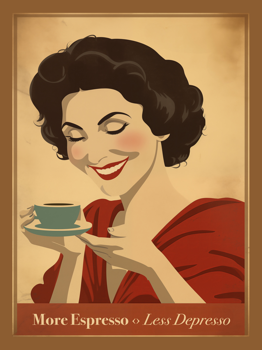 Retro-Poster mit einer Frau, die Espresso trinkt und dem Text "More Espresso, Less Depresso".