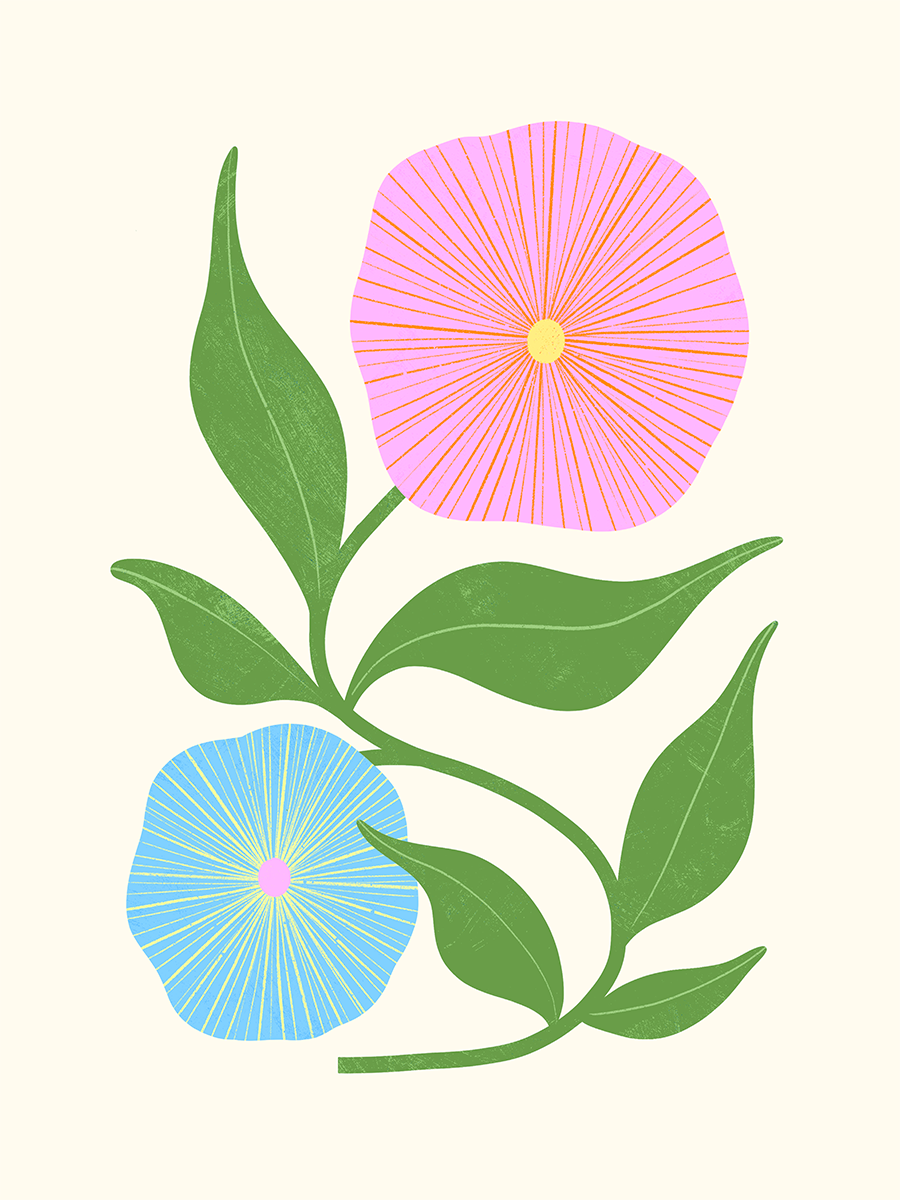 Illustration von zwei Blumen in Rosa und Blau mit grünen Blättern auf beigem Hintergrund.