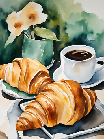 Aquarellillustration von Croissants und einer Tasse Kaffee auf einem Tisch mit Blumen im Hintergrund.
