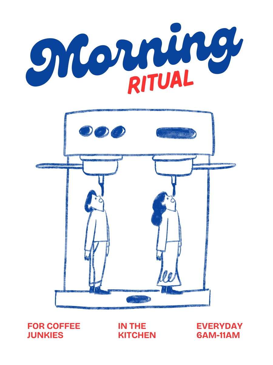 Illustration einer Kaffeemaschine mit zwei Menschen darunter und dem Text "Morning Ritual" darüber.