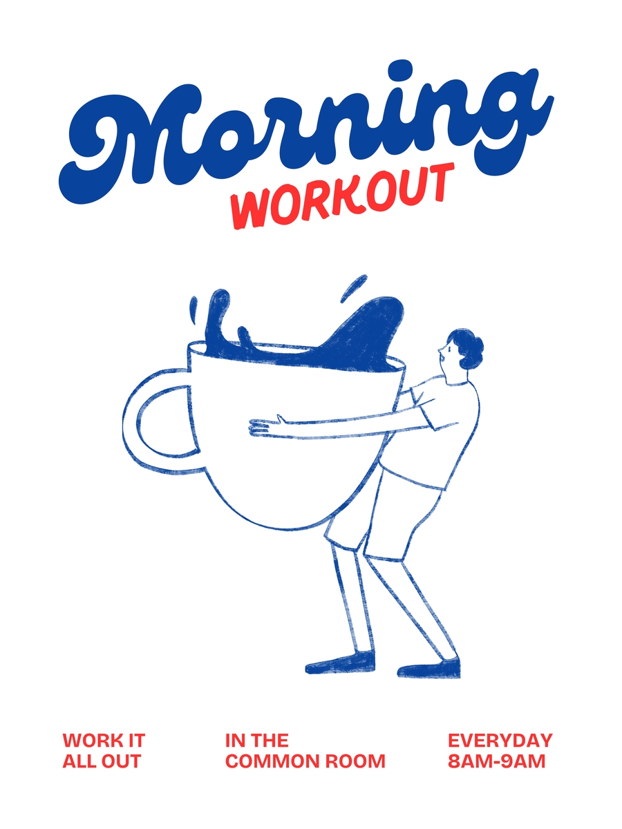 Illustration eines Mannes mit einer riesigen Kaffeetasse und dem Text "Morning Workout".