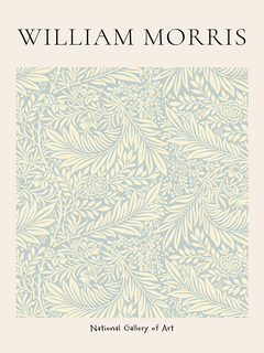 Kunstposter mit beigem Blumenmuster auf hellblauem Hintergrund, beschriftet mit "William Morris" und "National Gallery of Art".