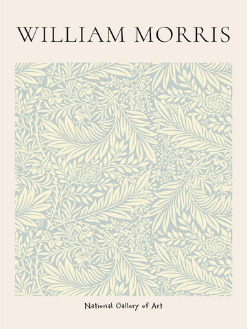 Kunstposter mit beigem Blumenmuster auf hellblauem Hintergrund, beschriftet mit "William Morris" und "National Gallery of Art".