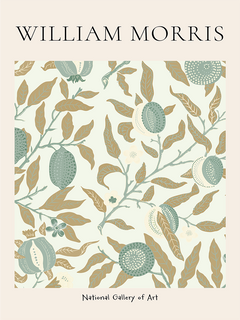 Botanisches Musterposter mit Pflanzen und Früchten auf hellgrünem Hintergrund, beschriftet mit "William Morris" und "National Gallery of Art".
