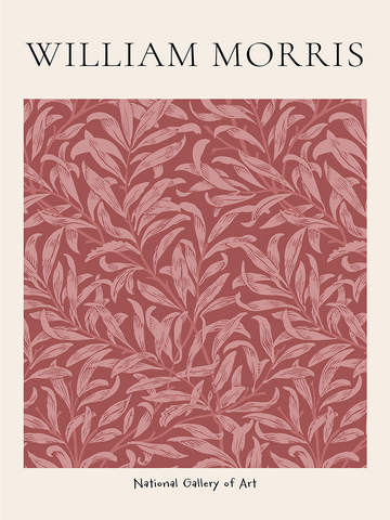 Botanisches Poster mit rosa Blättern auf staubigem rosa Hintergrund von William Morris.
