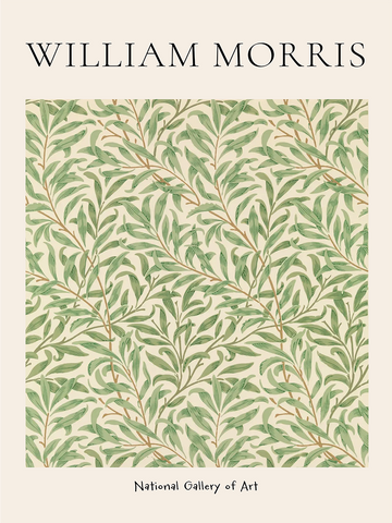 Poster mit grünem Blattmuster von William Morris auf beigem Hintergrund.