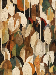 Poster mit einer Vielzahl von Blättern in Mosaik-Design in Braun, Beige, Grün und Schwarz.