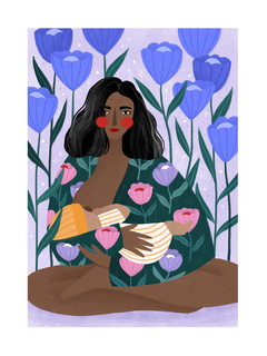 Illustration einer Mutter, die ihr Baby stillt, umgeben von lila Blumen.