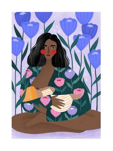 Illustration einer Mutter, die ihr Baby stillt, umgeben von lila Blumen.
