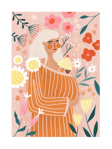 Illustration einer Mutter mit Baby in den Armen, umgeben von Blumen auf rosa Hintergrund.