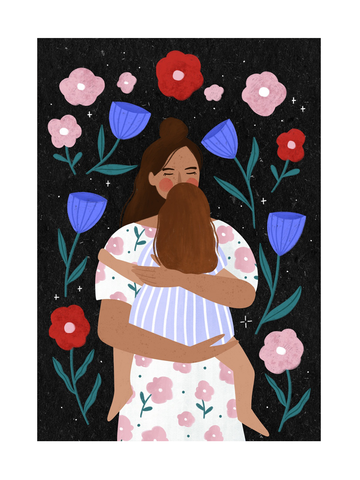 Illustration einer Frau, die ein Kind umarmt, umgeben von bunten Blumen auf schwarzem Hintergrund.
