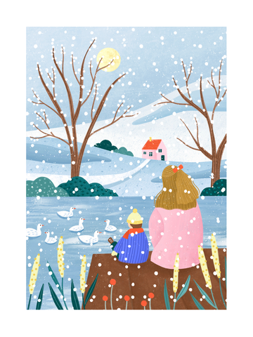 Illustration von zwei Personen, die im Winter auf einen See mit Schwänen blicken.