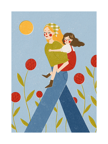 Illustration einer Mutter mit grünem Oberteil und blauen Jeans, die ihre Tochter im roten Kleid in einem Blumenfeld trägt.
