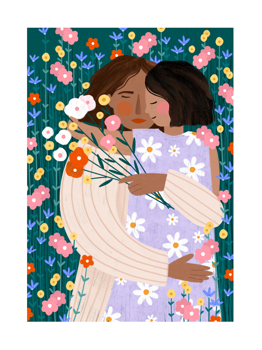 Illustration einer Mutter und Tochter, die sich umarmen, umgeben von bunten Blumen.