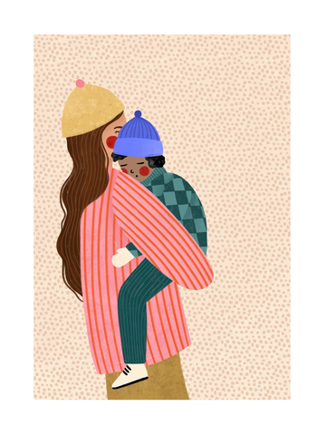 Illustration einer Mutter, die ihr Kind hält, vor einem hellrosa Hintergrund mit kleinen Punkten.