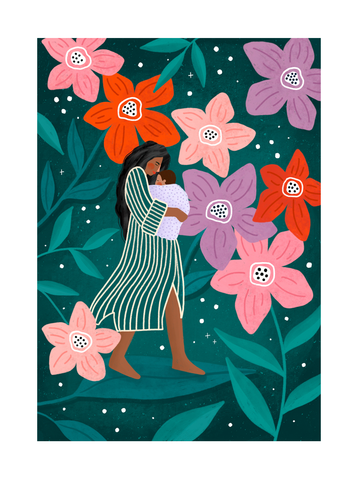 Illustration einer Mutter mit Kind, umgeben von großen bunten Blumen.