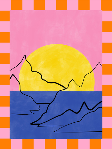 Grafische Illustration mit gelbem Kreis und schwarzen Linien auf blauem und rosa Hintergrund mit orange-rosa gestreiftem Rand.