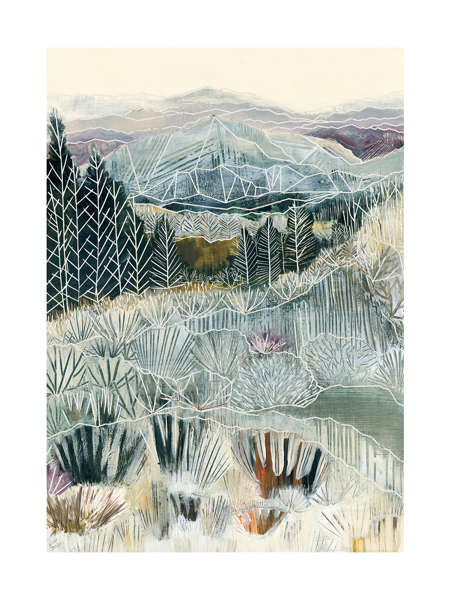 Grafische Illustration von Pflanzen und Bäumen vor einem Berg mit beigem Himmel.