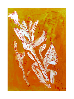 Handgemaltes Kunstwerk mit Blumen auf senfgelbem Hintergrund.