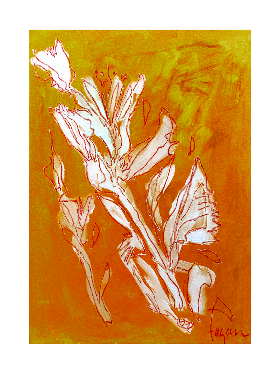 Handgemaltes Kunstwerk mit Blumen auf senfgelbem Hintergrund.