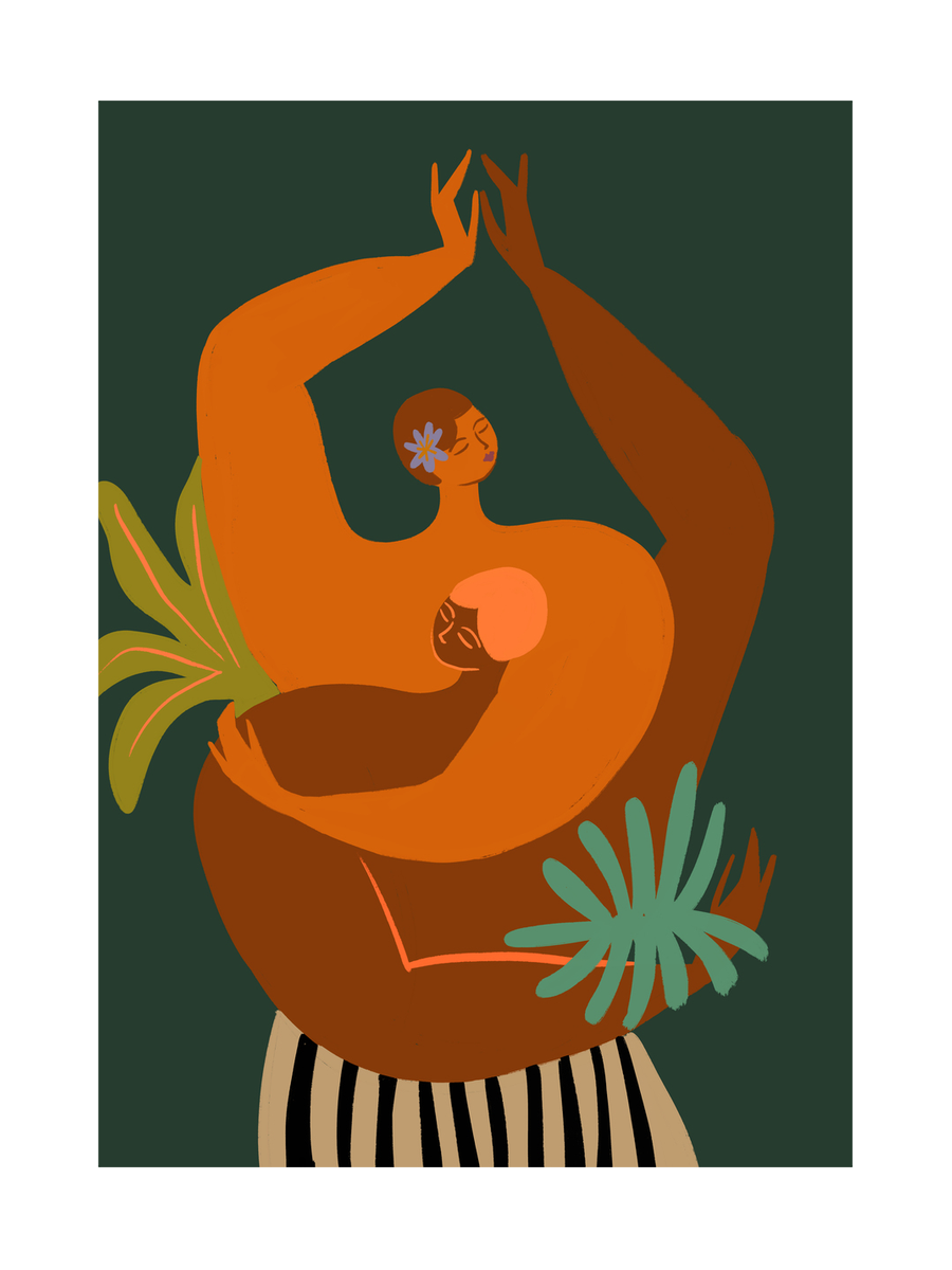Illustration einer Mutter mit Kind in den Armen, umgeben von grünen Blättern auf dunkelgrünem Hintergrund.