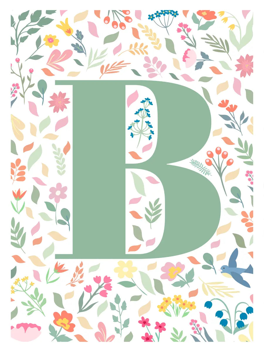 Illustration des Buchstabens B in Grün mit bunten Blumen und Blättern.