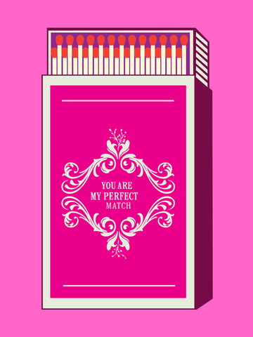 Illustration einer pinken Streichholzschachtel mit dem Text „You are my perfect match“ in Weiß.