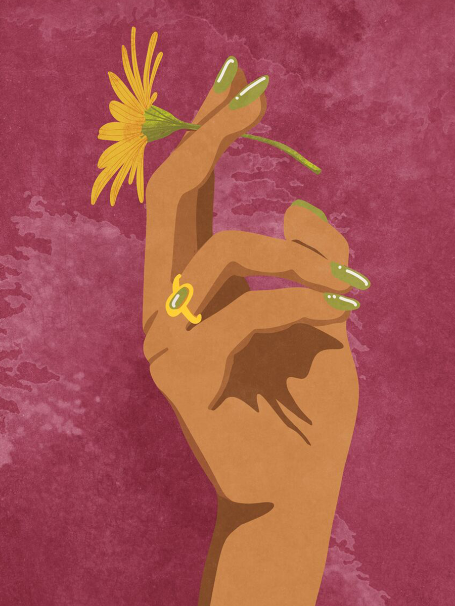 Grafische Illustration einer Hand mit grünen Nägeln und einem goldenen Ring, der eine gelbe Blume hält, vor einem strukturierten, dunkelrosa Hintergrund.