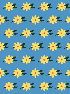 Naives Muster aus gelben Blumen mit rosa Punkt auf blauem Hintergrund.
