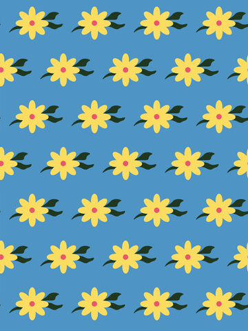 Naives Muster aus gelben Blumen mit rosa Punkt auf blauem Hintergrund.