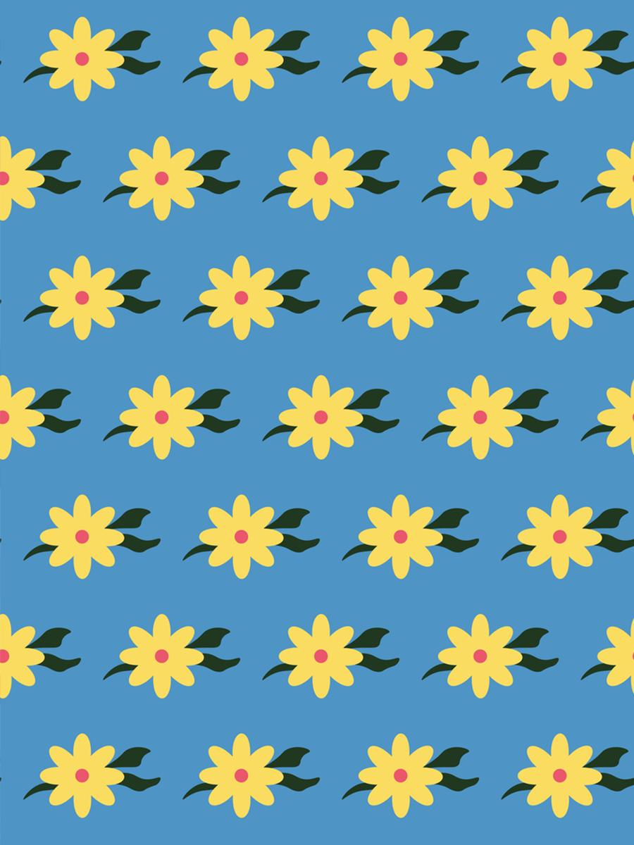 Naives Muster aus gelben Blumen mit rosa Punkt auf blauem Hintergrund.