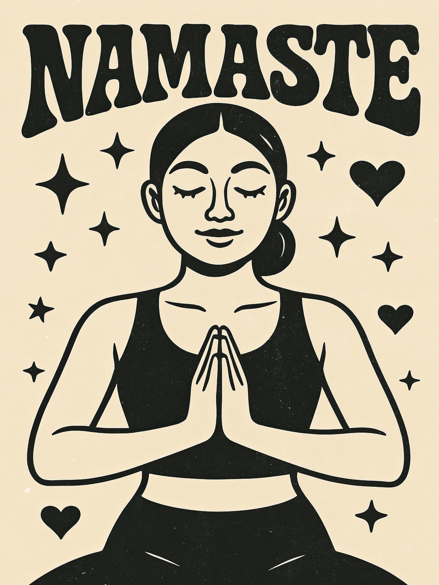 Illustration einer meditierenden Frau mit geschlossenen Augen und gefalteten Händen, umgeben von Sternen und Herzen, mit dem Wort "Namaste" oben.