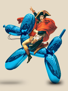 Napoleon reitet auf einem blauen Ballonhund vor einem beigen Hintergrund.