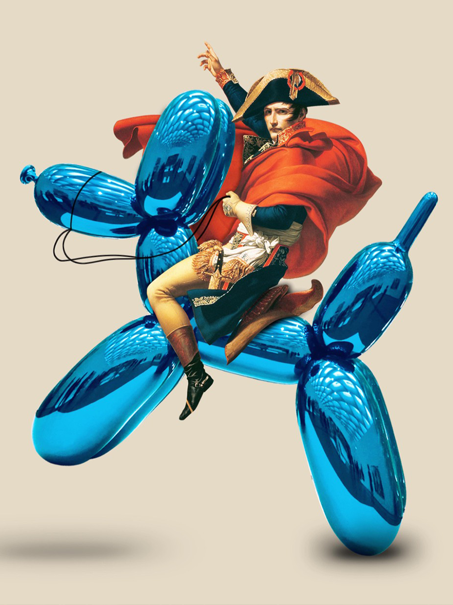 Napoleon reitet auf einem blauen Ballonhund vor einem beigen Hintergrund.