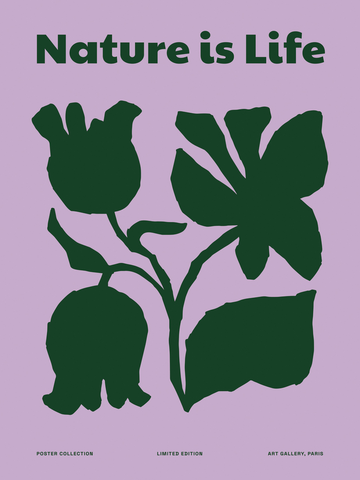 Grafische Illustration einer dunkelgrünen Blume auf lila Hintergrund mit dem Text "Nature is Life".