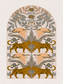Illustration von spiegelbildlichen Leoparden, Schlangen und Vögeln in einem symmetrischen Design.
