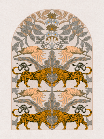 Illustration von spiegelbildlichen Leoparden, Schlangen und Vögeln in einem symmetrischen Design.