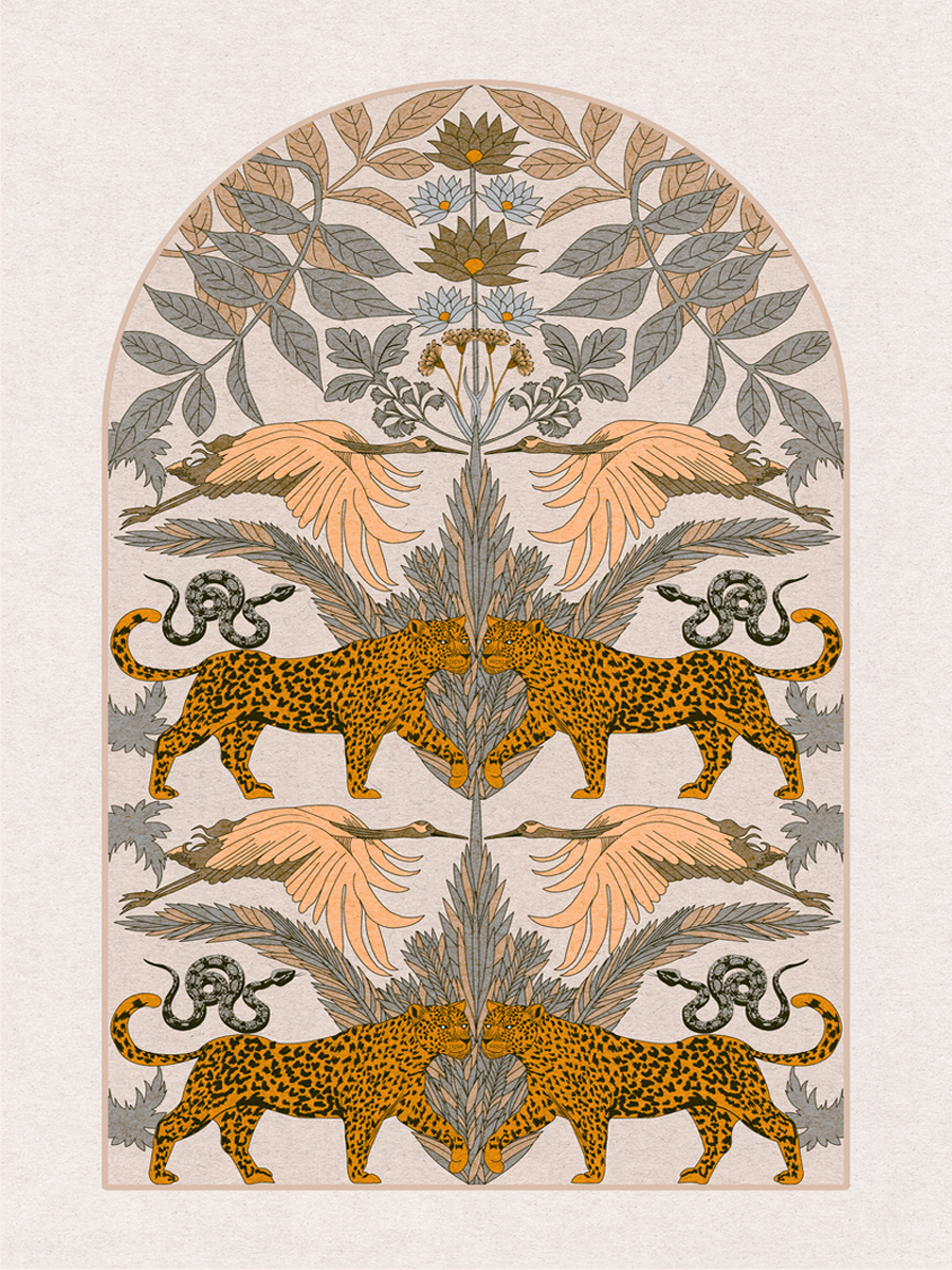 Illustration von spiegelbildlichen Leoparden, Schlangen und Vögeln in einem symmetrischen Design.