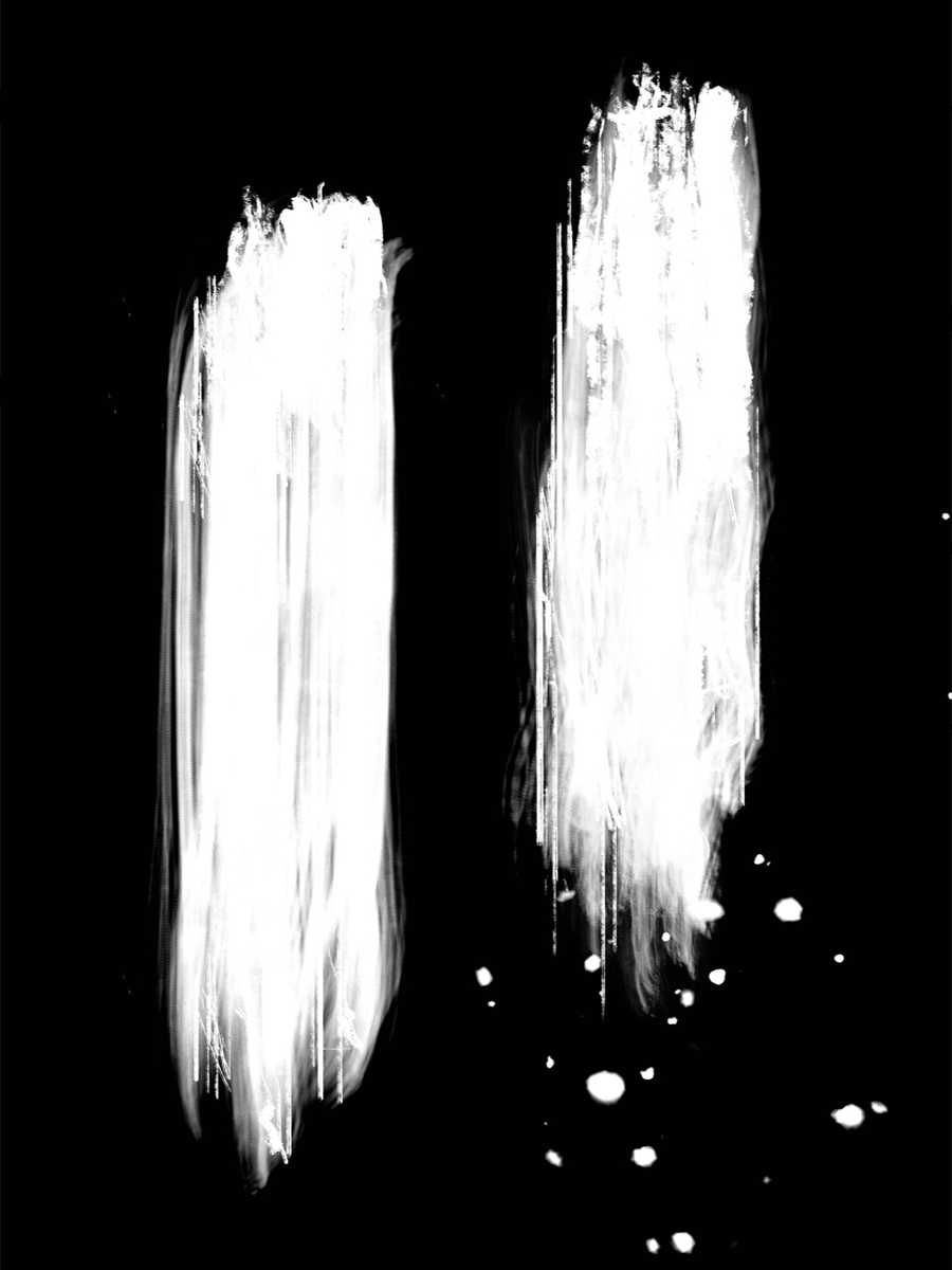 Abstrakte Kunst mit weißen, vertikalen Strichen auf schwarzem Hintergrund.